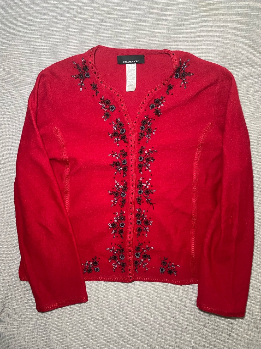 Jones New York Red Wool Beaded Cardigan Sweater Embroidered Floral Womens XL